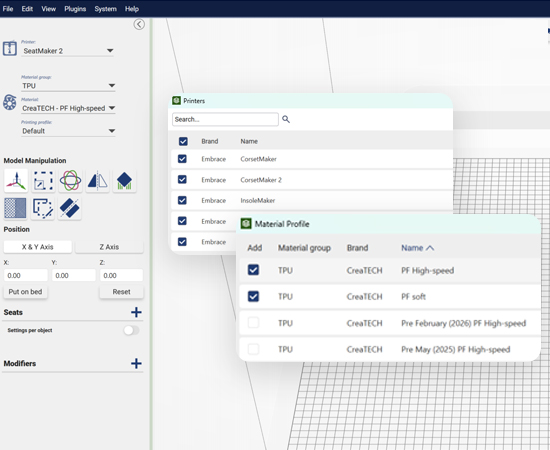 Printer profiles and material